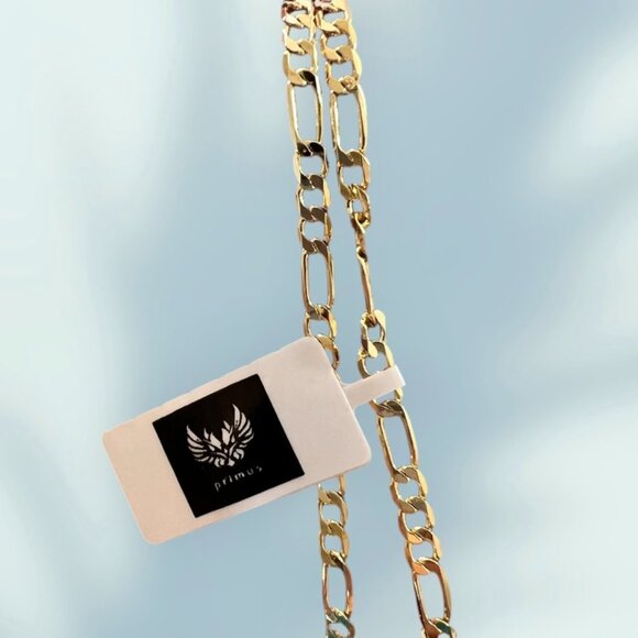Primus Yellow Gold Plated Figaro Chain Necklace 22" Long, 3.6mm Wide - Picture 2 of 8